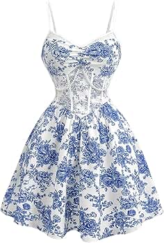 Milumia Women's Floral Print Lace Pearl Beaded Corset Dress